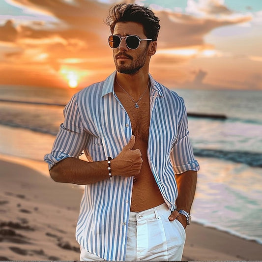 Summer 100% Casual Cotton Shirt Up Button Men's