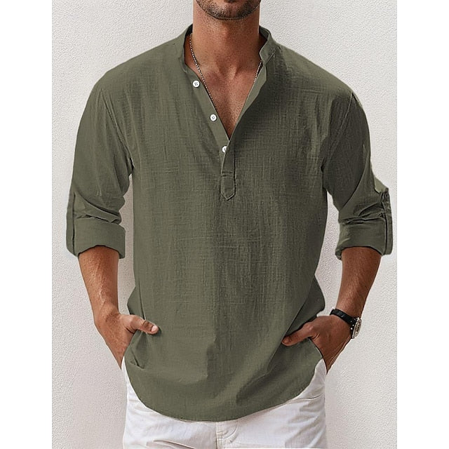 Band Linen Collar Popover Shirt Summer Men's
