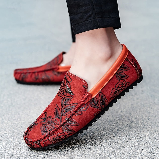 and Leather Men's Loafers White Checkered Orange Slip-On