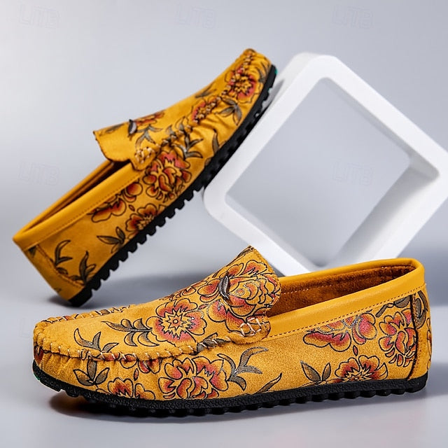 and Leather Men's Loafers White Checkered Orange Slip-On