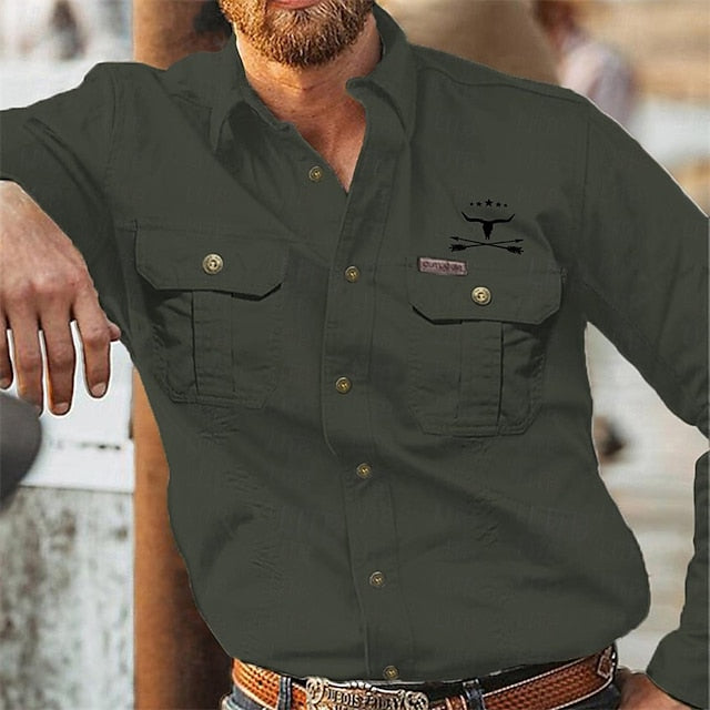 Green Navy Summer Men's Work Shirt Blue Casual