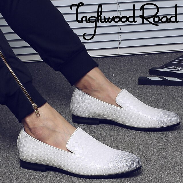 Leather Woven Blue Slip-On Loafers - Men's Stylish Faux