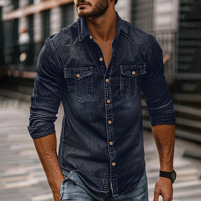Shirt Men's Chambray Up Calico Button