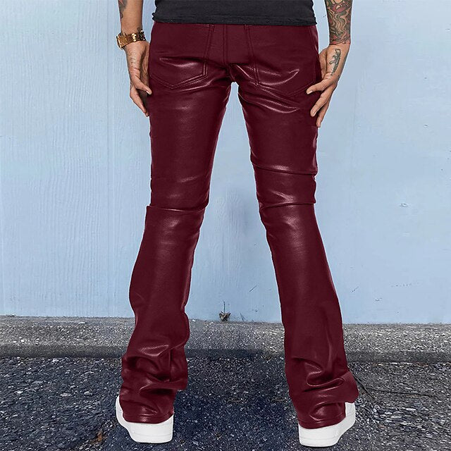 Pocket Casual Pants Men's Plain Faux Trousers Leather