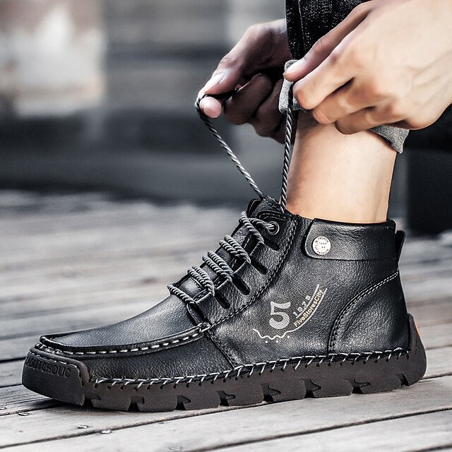Casual Men's Lace-Up Leather Ankle Vintage Boots –