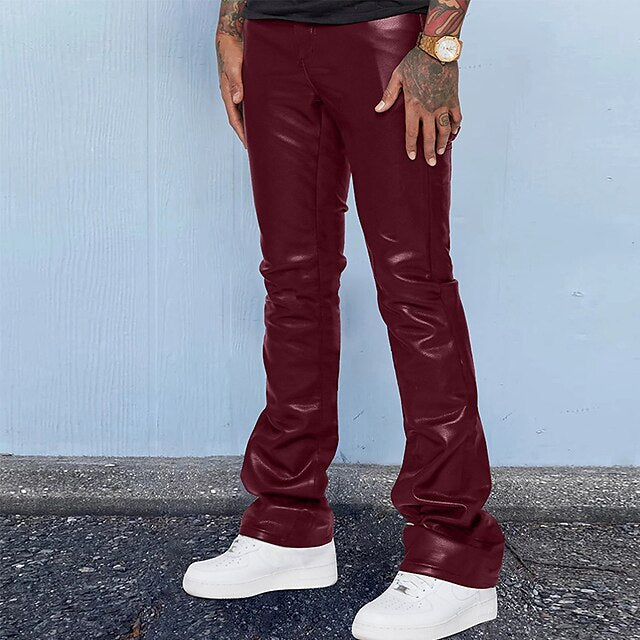 Pocket Casual Pants Men's Plain Faux Trousers Leather