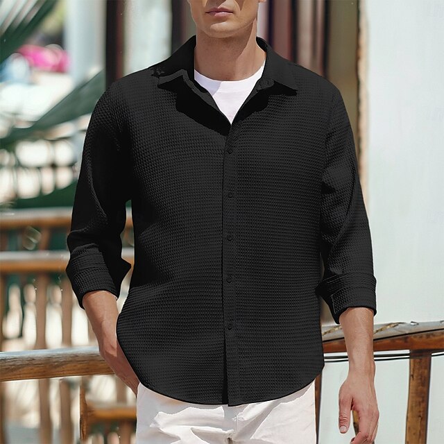 Casual Button Shirt Black Waffle Up Men's