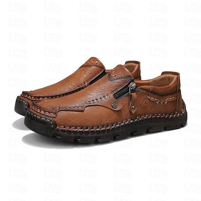 Faux Loafers Leather Brown Slip-On with Side Men's Zipper