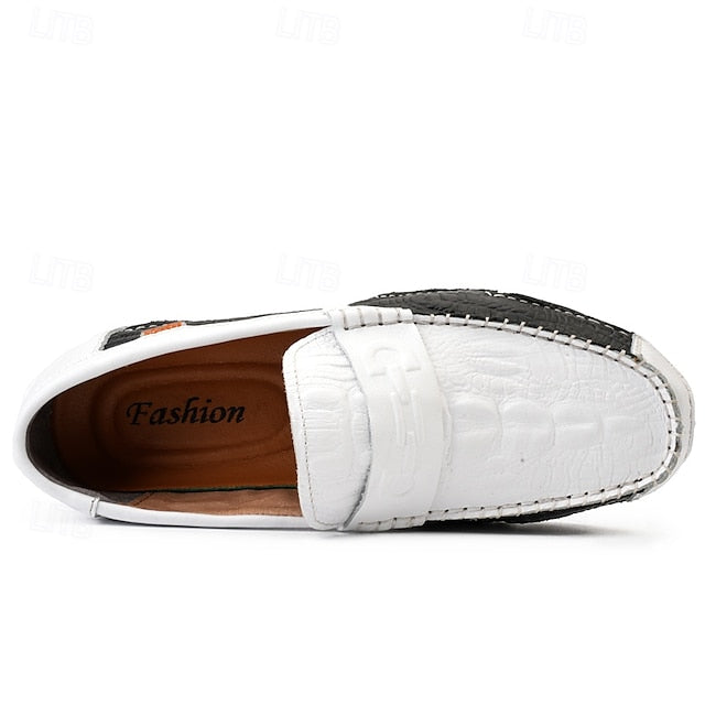 Leather Black with Loafers Faux Men's White Crocodile