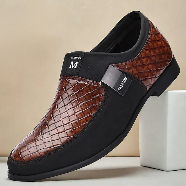 Men's Slip-On Leather Embossed Loafers with Faux Brown