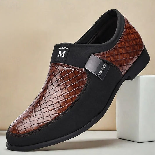 Men's Slip-On Leather Embossed Loafers with Faux Brown