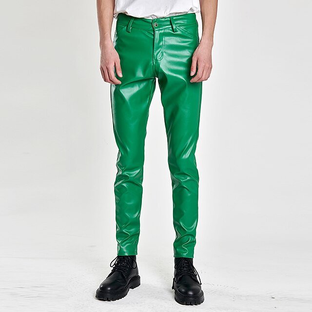 Leather Pants Men's Plain Pocket Faux Trousers Casual