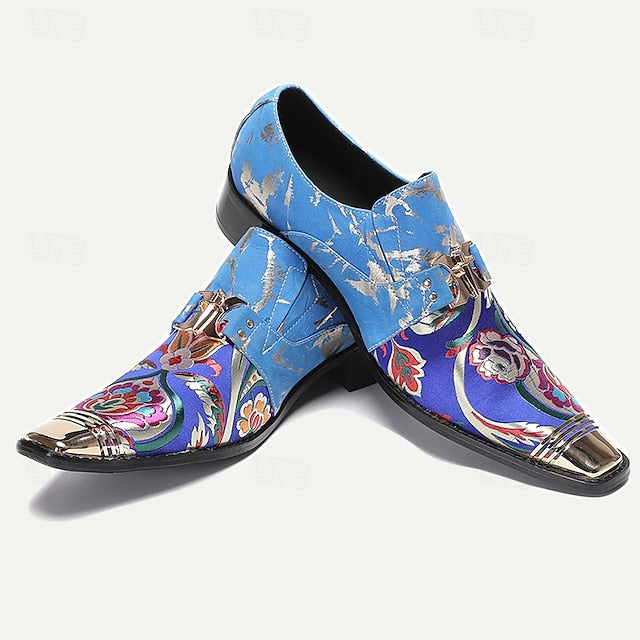 Cowhide Men's Leather Loafers with Floral Pattern Blue