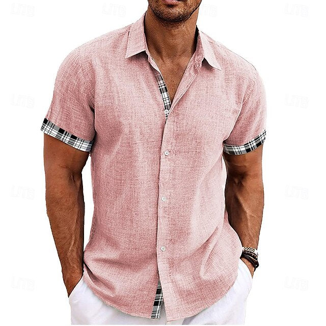 Men's Linen Outdoor Checkered Beach Plaid Shirt