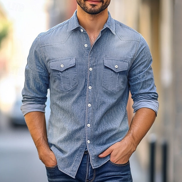 Casual Men's Button Calico Chambray Shirt