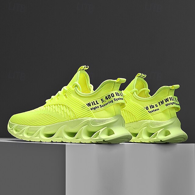 Elastic Sneakers Neon Yellow Knit Men's Sports with Upper