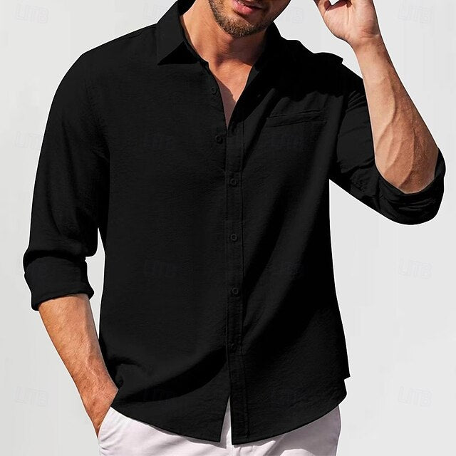 Linen Shirt Cotton Men's Green White Plain Black Vacation