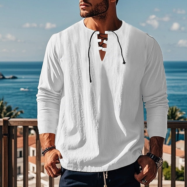 Cotton Linen Shirt Beach Plain Men's Summer