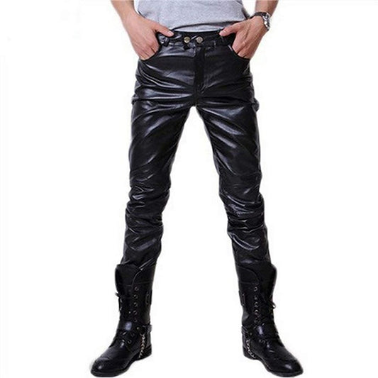 Faux Straight Solid Pants Leather Leg Men's Trousers Skinny