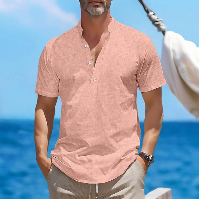 Henley Shirt Retro Linen Men's Popover Shirts