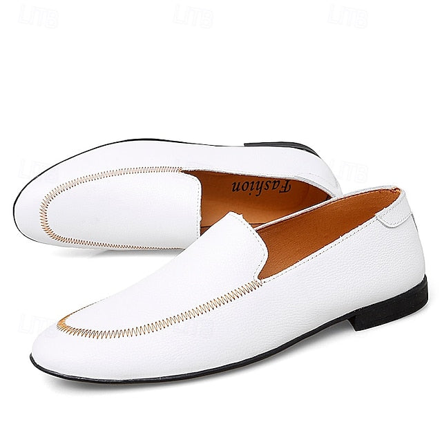 Loafers Shoes - Faux Prom Leather Men's with White Slip-On