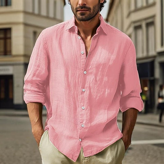 Linen Black Cotton White Pink Plain Vacation Shirt Men's