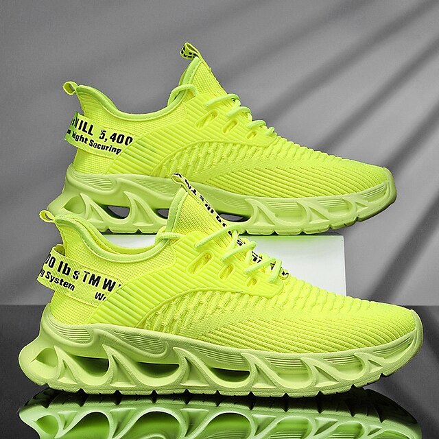 Elastic Sneakers Neon Yellow Knit Men's Sports with Upper