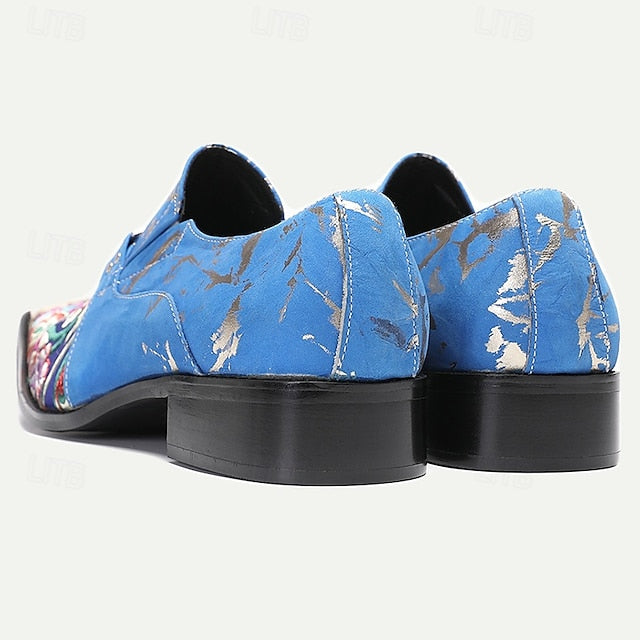 Cowhide Men's Leather Loafers with Floral Pattern Blue
