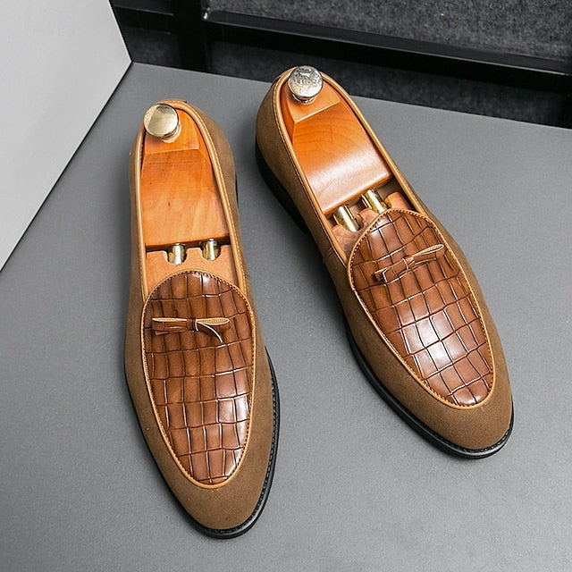 Brown Faux Men's Suede and Pattern Crocodile with Loafers