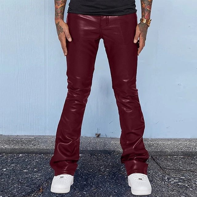 Pocket Casual Pants Men's Plain Faux Trousers Leather