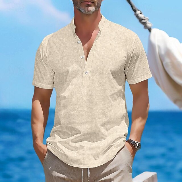 Henley Shirt Retro Linen Men's Popover Shirts
