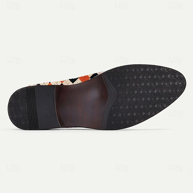 and Leather Men's Loafers White Checkered Orange Slip-On