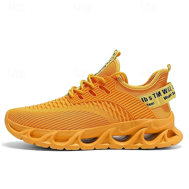 Elastic Sneakers Neon Yellow Knit Men's Sports with Upper