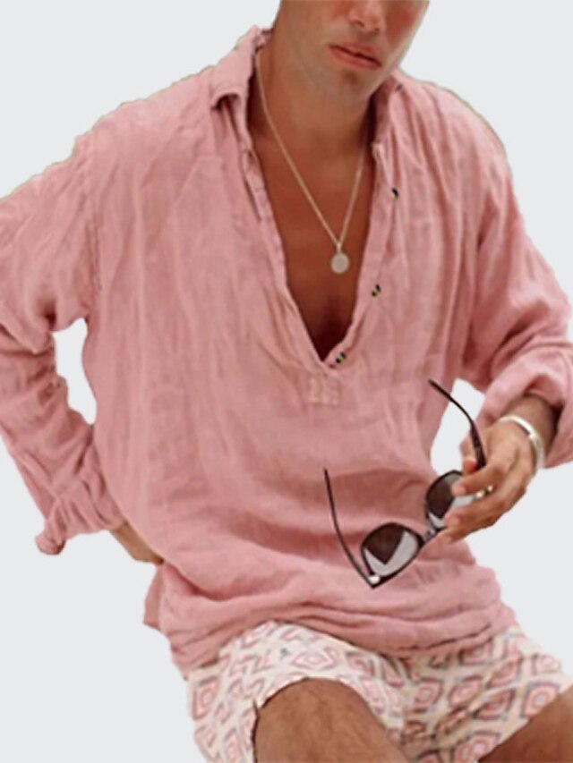 Long Casual Shirt Pink Sleeve Summer Men's