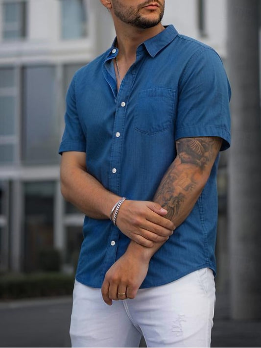 Blue Men's Casual Denim Up Short Shirt Button