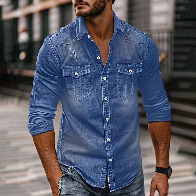 Shirt Men's Chambray Up Calico Button