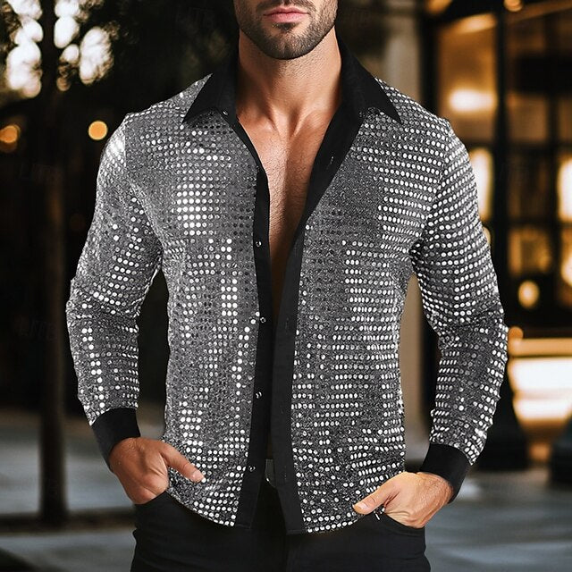 Shirt Silver Gold Long Disco Prom Men's Black