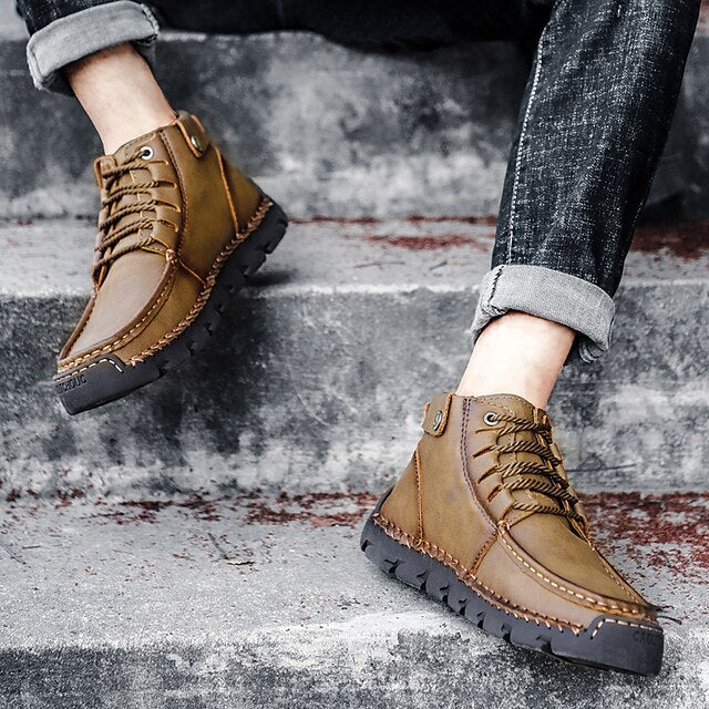 Casual Men's Lace-Up Leather Ankle Vintage Boots –