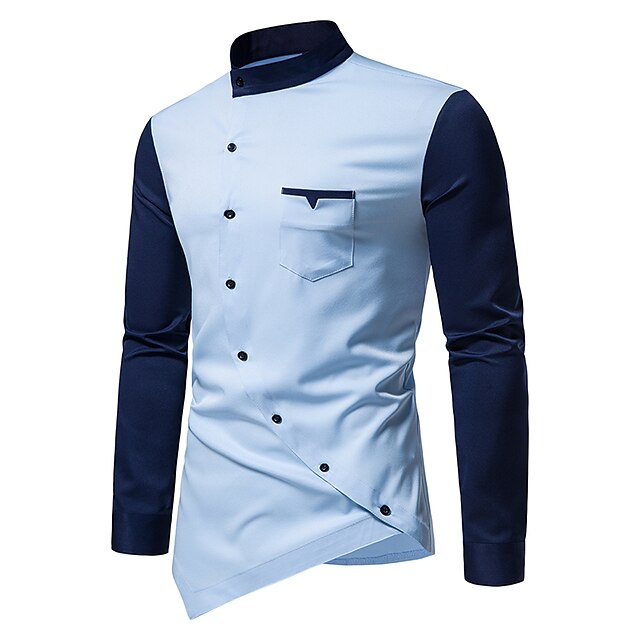 Block Wine Yellow Color Collar Stand Shirt Blue Plus Men's