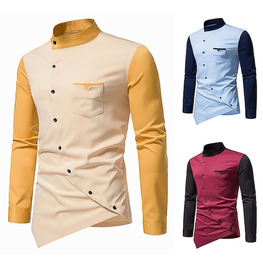 Block Wine Yellow Color Collar Stand Shirt Blue Plus Men's