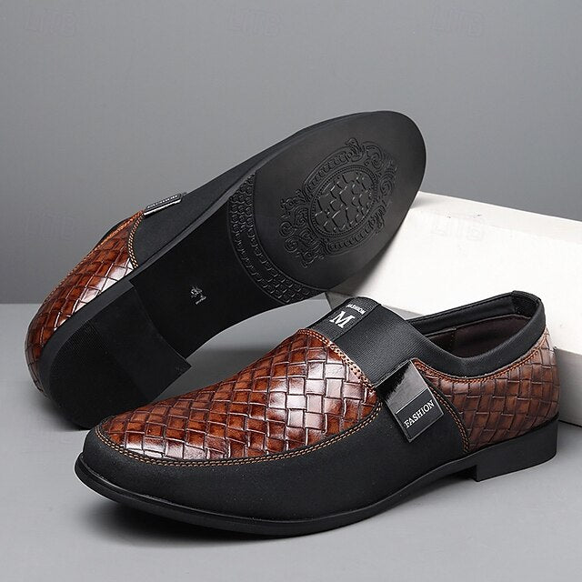 Men's Slip-On Leather Embossed Loafers with Faux Brown