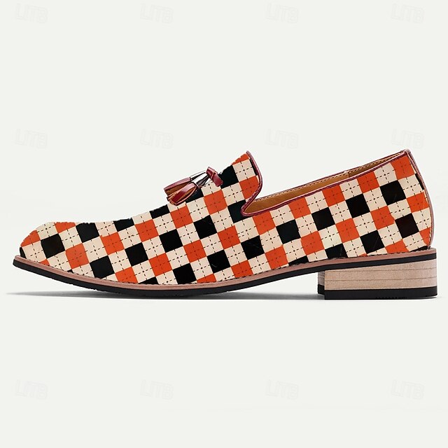 and Leather Men's Loafers White Checkered Orange Slip-On