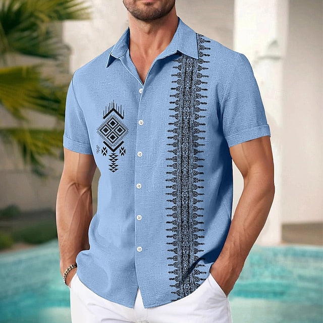 Beach Wear Linen Shirt Men's Summer Geometric
