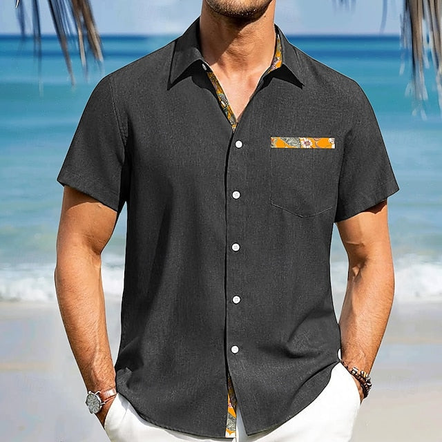 Up Linen Sleeve Shirt Button Short Men's Summer