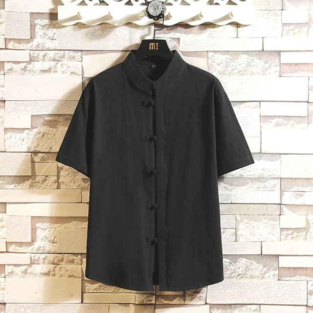 Cotton Linen Collar White Shirt Chinese Men's