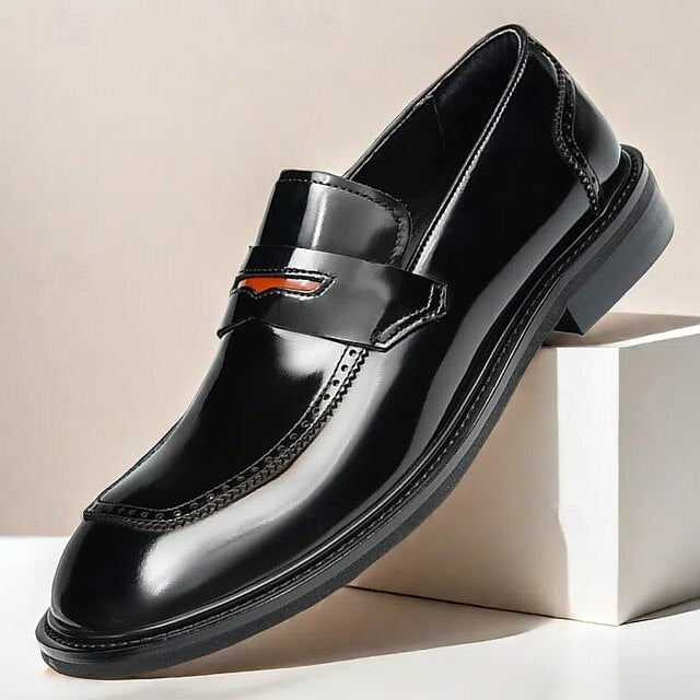 Black Men's Decorative Cowhide Premium Slip-On Loafers with