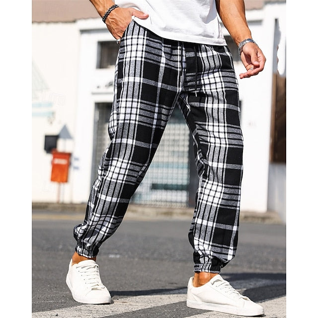 Elastic Casual Men's Plaid Pants Drawstring Waist Trousers
