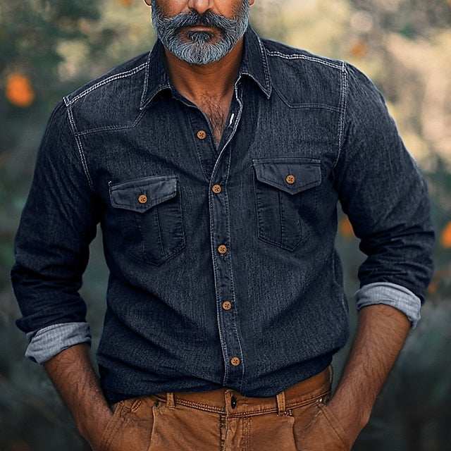 Calico Button Casual Men's Shirt Chambray