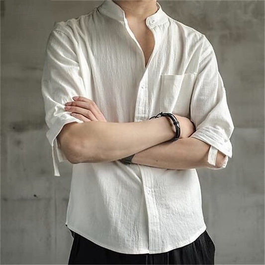Linen Vacation Men's Shirt Green Cotton Plain Black White