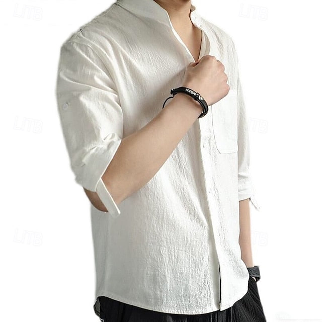 Linen Vacation Men's Shirt Green Cotton Plain Black White